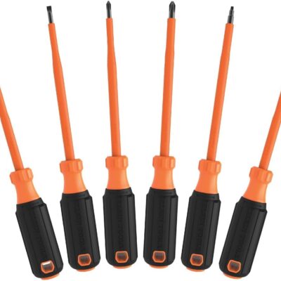 Klein Tools 85076INS Insulated Screwdriver Set features 1000V Screwdrivers, (3) Phillips and (2) Slotted and Square Tips, 6-Piece
