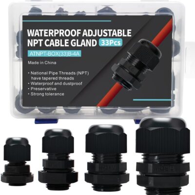 Electrical Conduit Fittings 33 Pack Adjustable 3-18mm Nylon PA66 Cable Glands Waterproof NPT1/4” NPT3/8” NPT1/2” NPT3/4” Cord Grip Strain Relief with Gaskets in PP Plastic Box