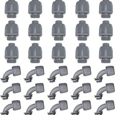 30 Pcs 1/2 Inch Liquid Tight Connector PVC Electrical Conduit Fittings Straight 180 and 90 Degree Non-Metallic Flexible Conduit Connector for Home Bathroom Kitchen Pipe, Gray
