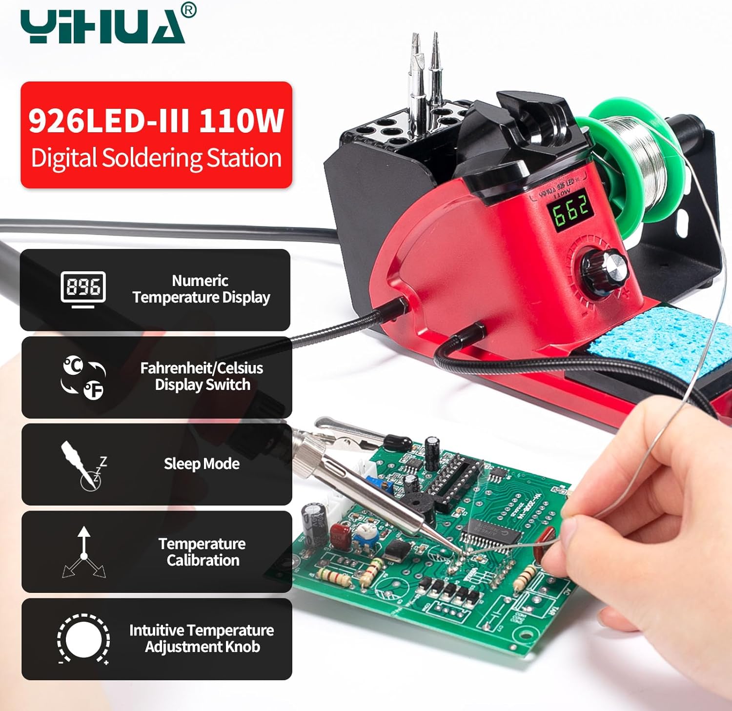 YIHUA 926 III 110W Soldering Iron Station Kit with LED Display, 2 Helping Hands, 3 Extra Iron Tips, 35g Lead-Free Solder, Solder Sucker, S/S Tweezers, °C/°F Conversion, Calibration & Sleep Features - Image 4