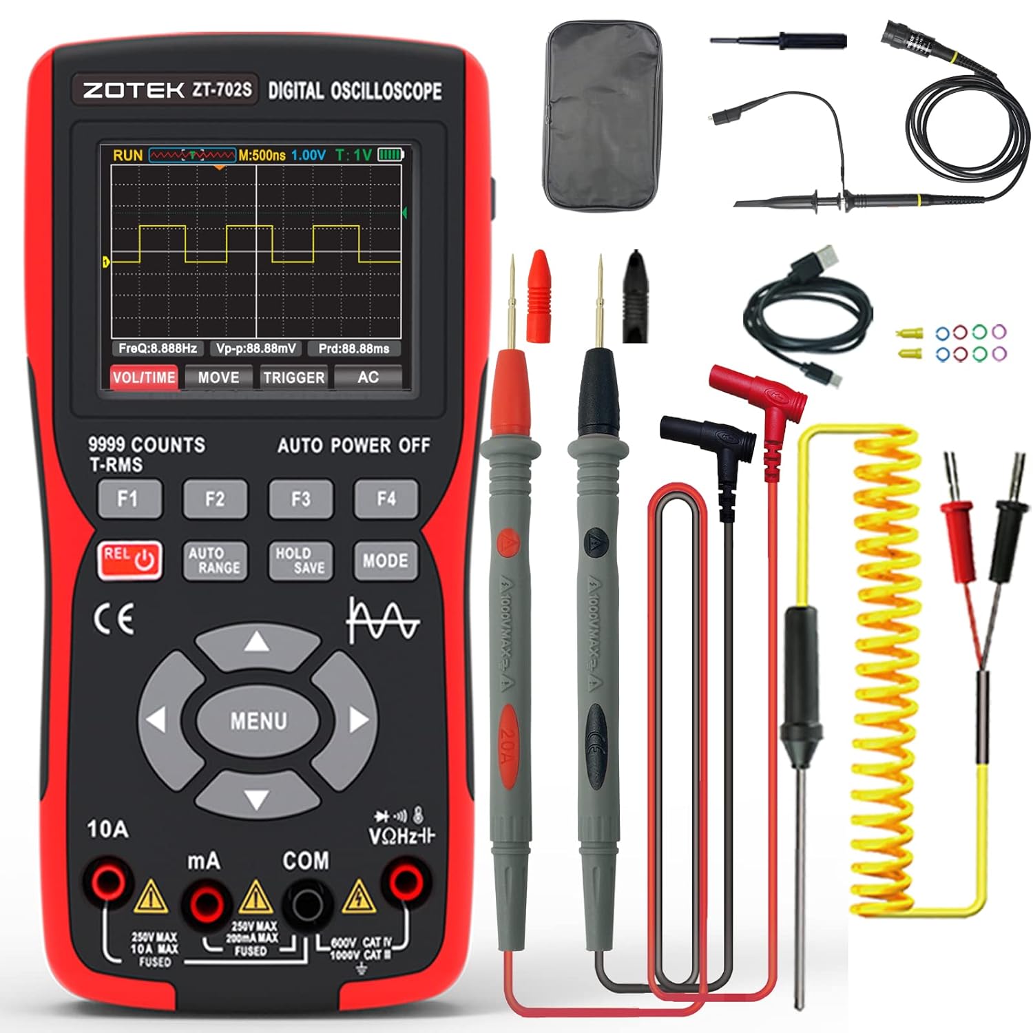 ZT-702S 2 in 1 Handheld Digital Automotive Oscilloscope Multimeter, Diode Tester,multimeter auto rangin48MSa/s High Sampling Rate,Amp Ohm Volt Meter Tester、Voltage/Current Test