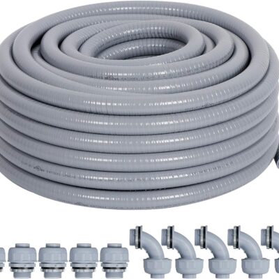 Liquid-Tight Conduit 3/4 25ft, Electrical Conduits w/UL Certification, Flexible Conduit with 5 Straight and 5 90-Degree Conduit Connector Fittings