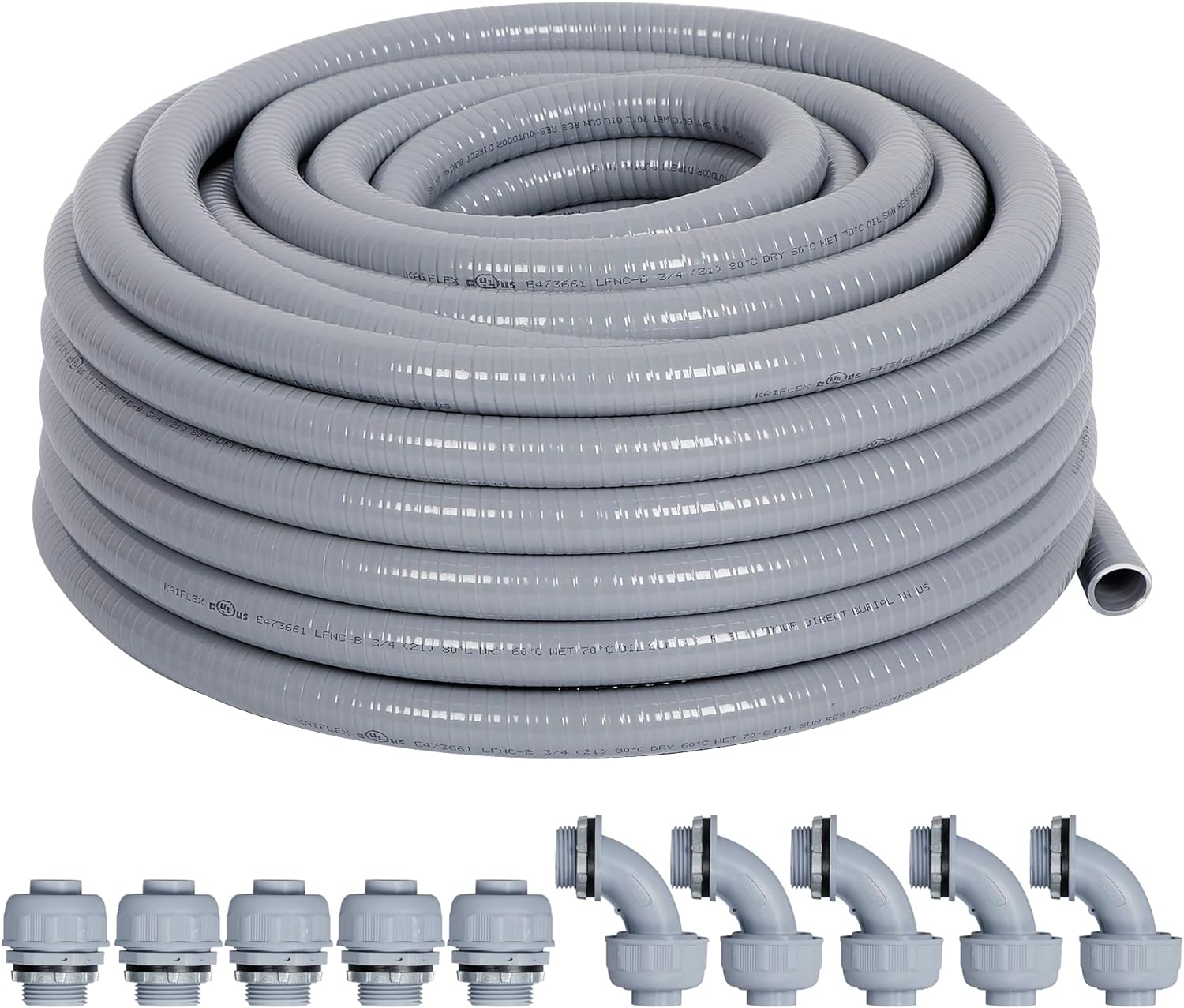 Liquid-Tight Conduit 3/4 25ft, Electrical Conduits w/UL Certification, Flexible Conduit with 5 Straight and 5 90-Degree Conduit Connector Fittings