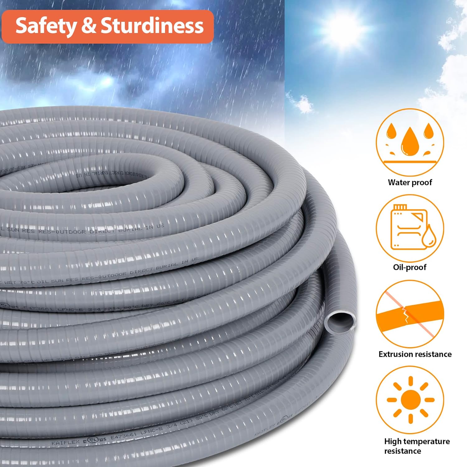Liquid-Tight Conduit 3/4 25ft, Electrical Conduits w/UL Certification, Flexible Conduit with 5 Straight and 5 90-Degree Conduit Connector Fittings - Image 4