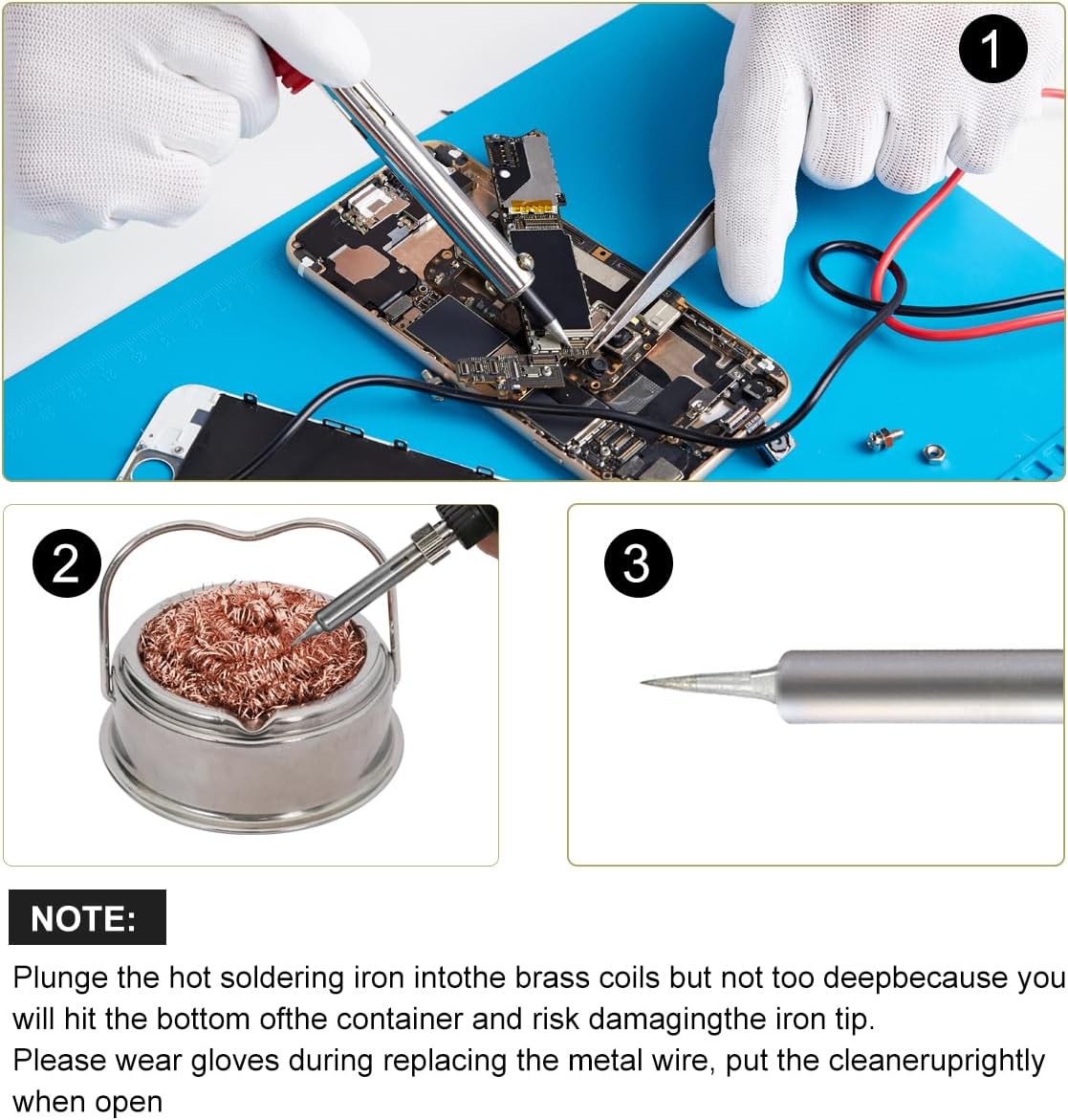 Welding Soldering Iron Tip Cleaner Kit, Solder Tip with Cleaning Brass wire sponge, W/Stand Set Holder Black with 4 PCS Solder Tip Cleaning Wire and 1 portable PC Holder, No Water Needed - Image 5