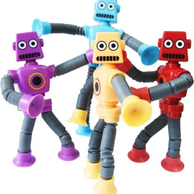Bendable Robot Figures Set of 4, Flexible Suction Cup Men, Fidget Pop Tubes Sensory Toys for Girls and Boys