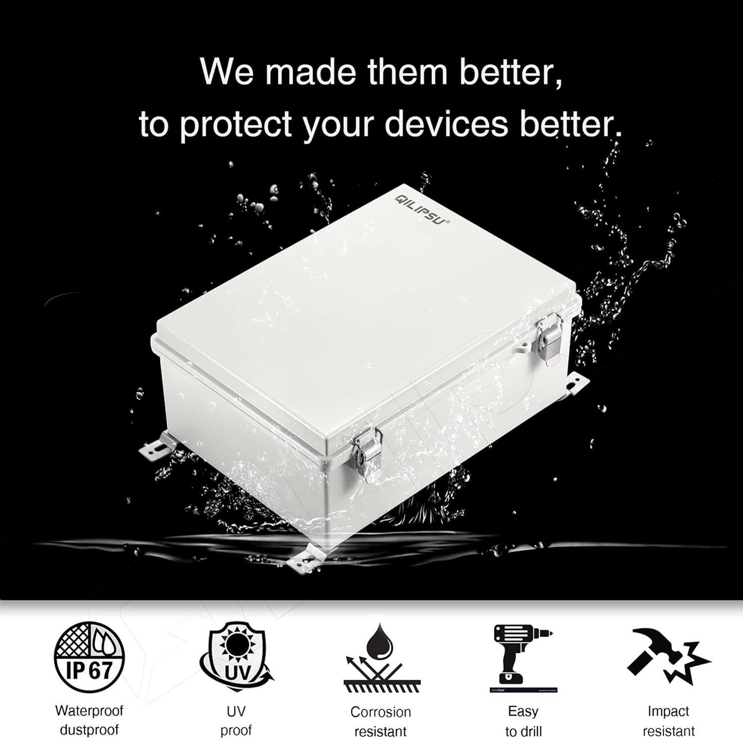 QILIPSU Waterproof Outdoor Junction Box, IP67 ABS Plastic Electrical Enclosure with Mounting Plate, Wall Brackets, Weatherproof Hinged Grey Cover for Projects (11.2"x7.7"x5.1") - Image 2