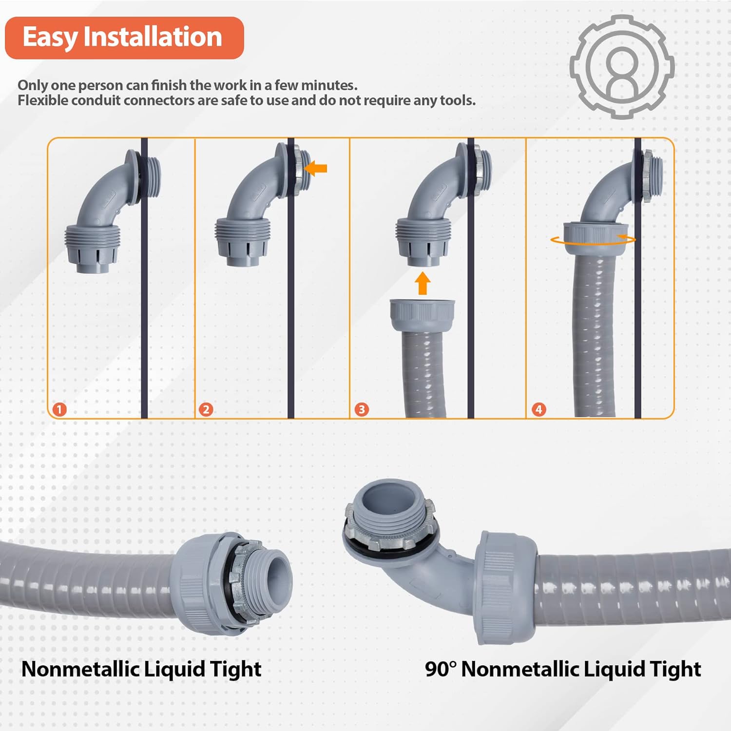 Liquid-Tight Conduit 3/4 25ft, Electrical Conduits w/UL Certification, Flexible Conduit with 5 Straight and 5 90-Degree Conduit Connector Fittings - Image 5