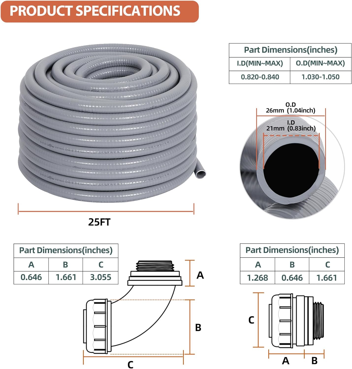 Liquid-Tight Conduit 3/4 25ft, Electrical Conduits w/UL Certification, Flexible Conduit with 5 Straight and 5 90-Degree Conduit Connector Fittings - Image 2