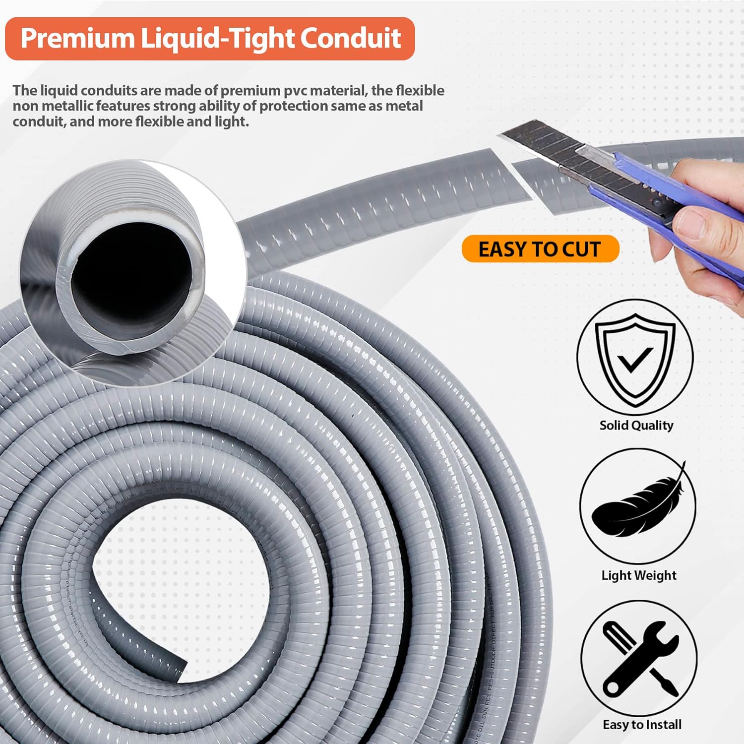 Liquid-Tight Conduit 3/4 25ft, Electrical Conduits w/UL Certification, Flexible Conduit with 5 Straight and 5 90-Degree Conduit Connector Fittings - Image 3