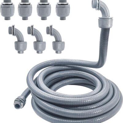 Liquid-Tight Conduit - 1/2inch 25 Foot Flexible Non Metallic Liquid Tight Electrical Conduit Kit, with 4 Straight and 3 Angle Fittings Included. 1/2" Dia