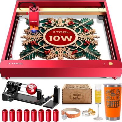 xTool D1 Pro 10W Laser Engraver 4-in-1 Rotary Roller Kit for Glass Tumbler Ring, Laser Engraving Machine, Laser Engraver and Cutter Machine for Wood, Metal, Acrylic,Leather
