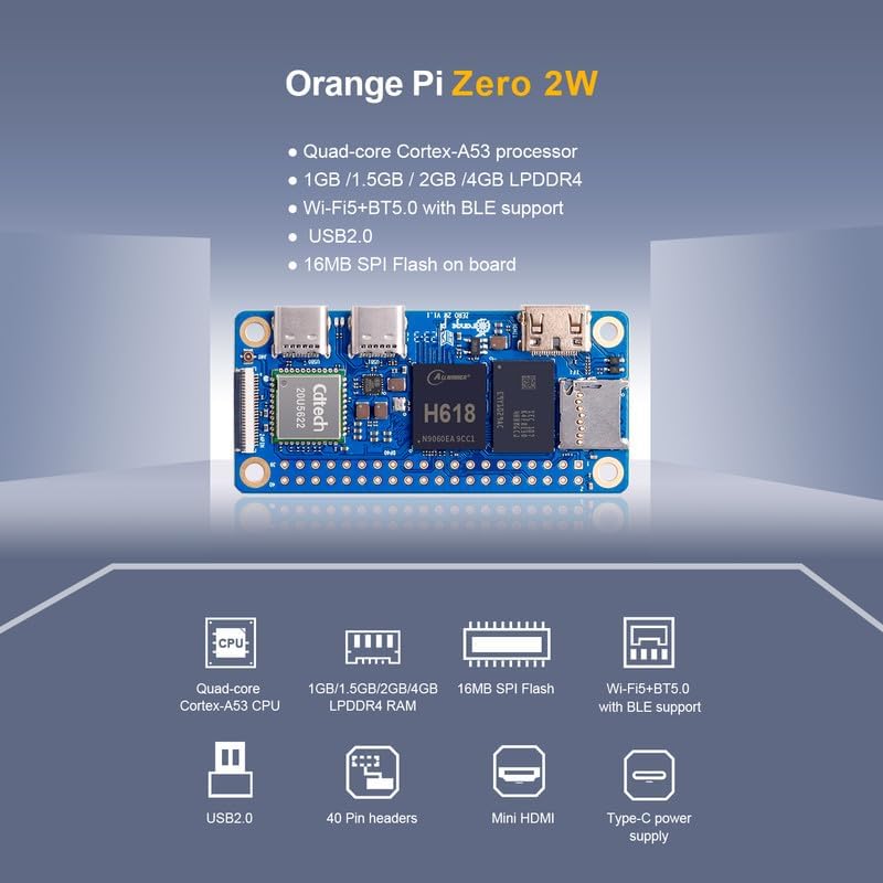 Orange Pi Zero 2W 4GB LPDDR4 Allwinner H618 Quad-core Cortex-A53 Single Board Computer with 16MB SPI Flash, Support WiFi and BT5.0, Development Board Run Android 12 TV/Debian/Ubuntu(Zero 2W 4G) - Image 3