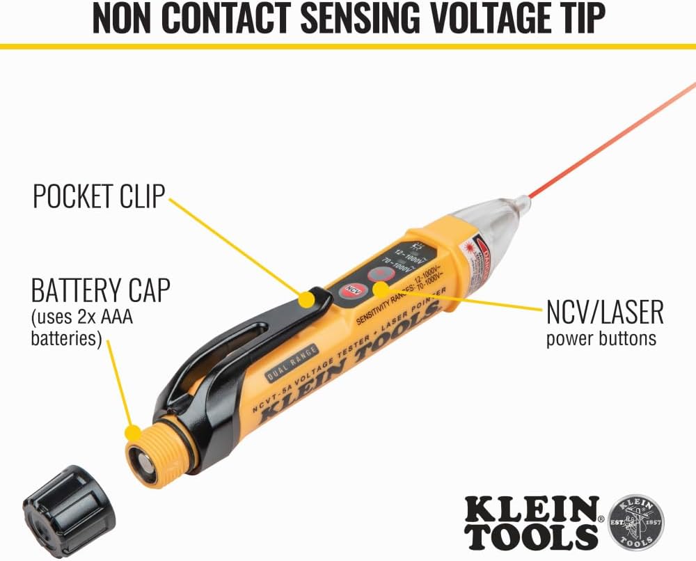 Klein Tools NCVT-5A Voltage Tester, Non-Contact Dual Range Voltage Tester Pen with Integrated Laser Pointer and Visual and Audible Alerts - Image 3