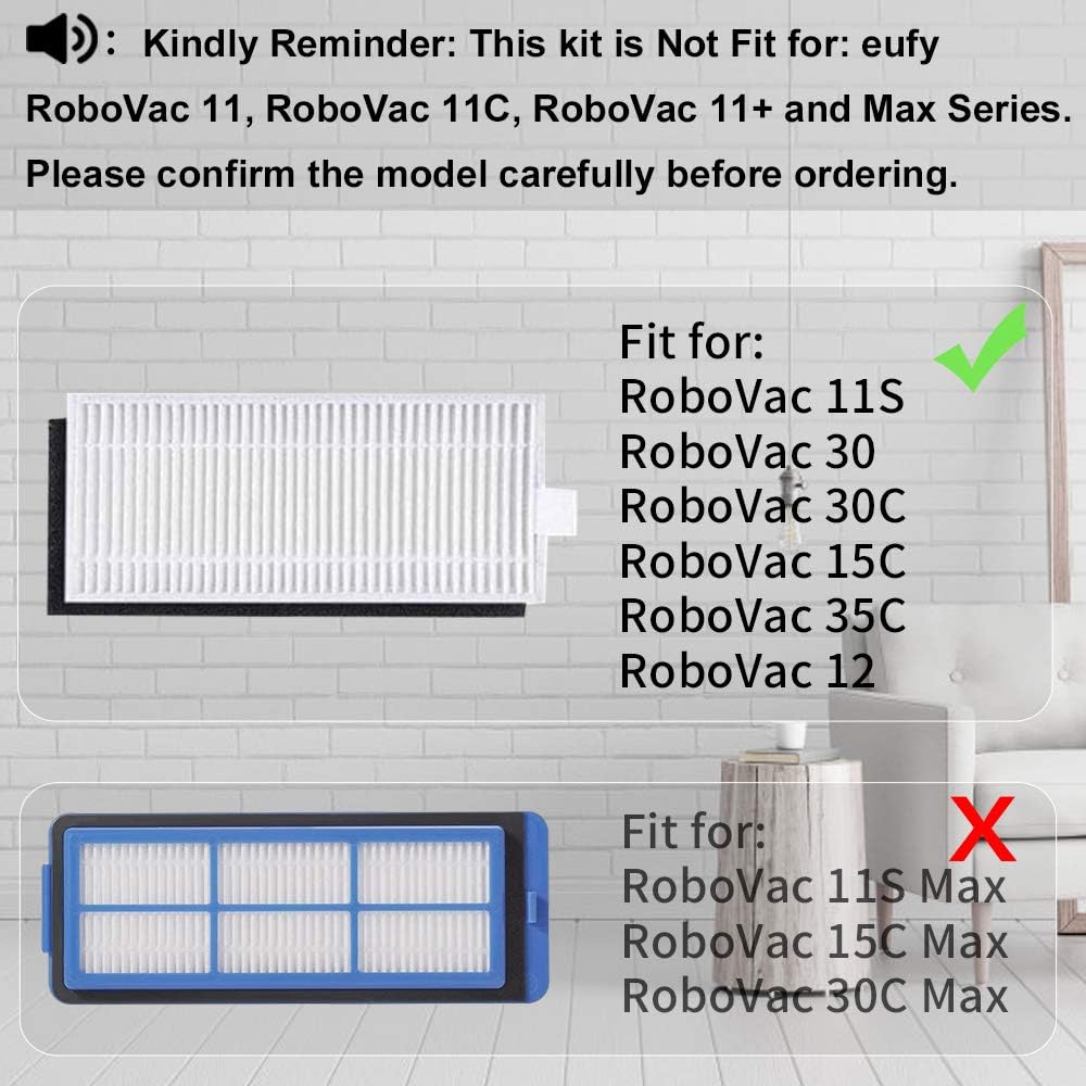 Replacement Parts Kit for Eufy RoboVac 11S, RoboVac 30, RoboVac 30C, RoboVac 15C, RoboVac 12, RoboVac 35C, Robotic Accessories,8 Filters,8 Side Brushes,1 Main Brush,1 Pre Filter,1 Rolling Brush Guard - Image 2