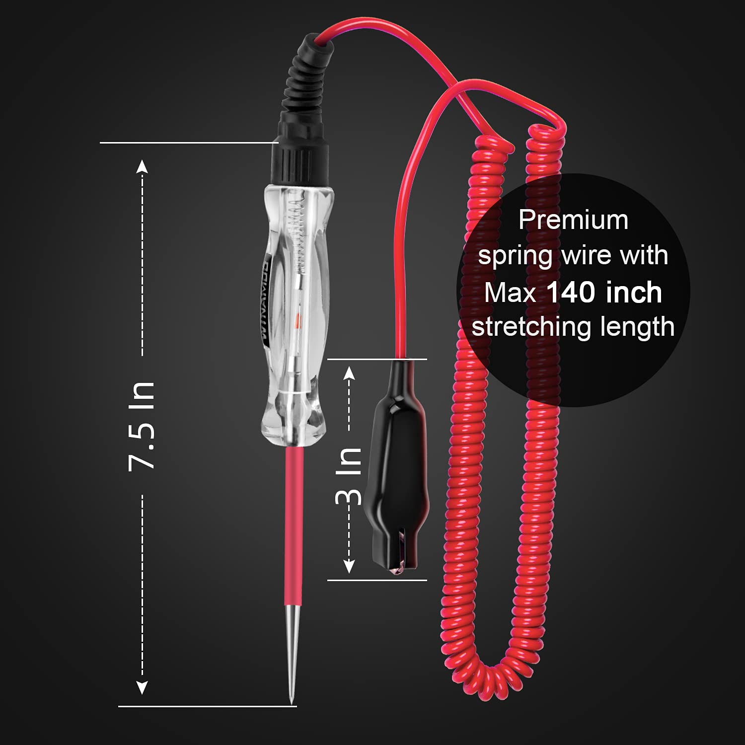 Premium LED Bulb Automotive Circuit Tester, 6-24V Test Light with 135 Inch PU Extended Spring Wire, Sharp Hard Steel Probe Vehicle Circuits Low DC Voltage Light Tester - Image 2
