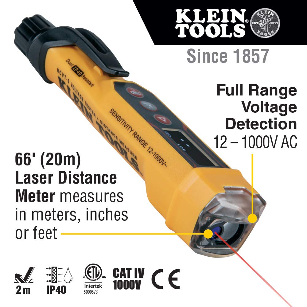 Klein Tools NCVT-6 Non-Contact Volt Tester, 12 - 1000V AC Pen with Integrated Laser Distance Measure, LED and Audible Alarms, Pocket Clip - Image 2