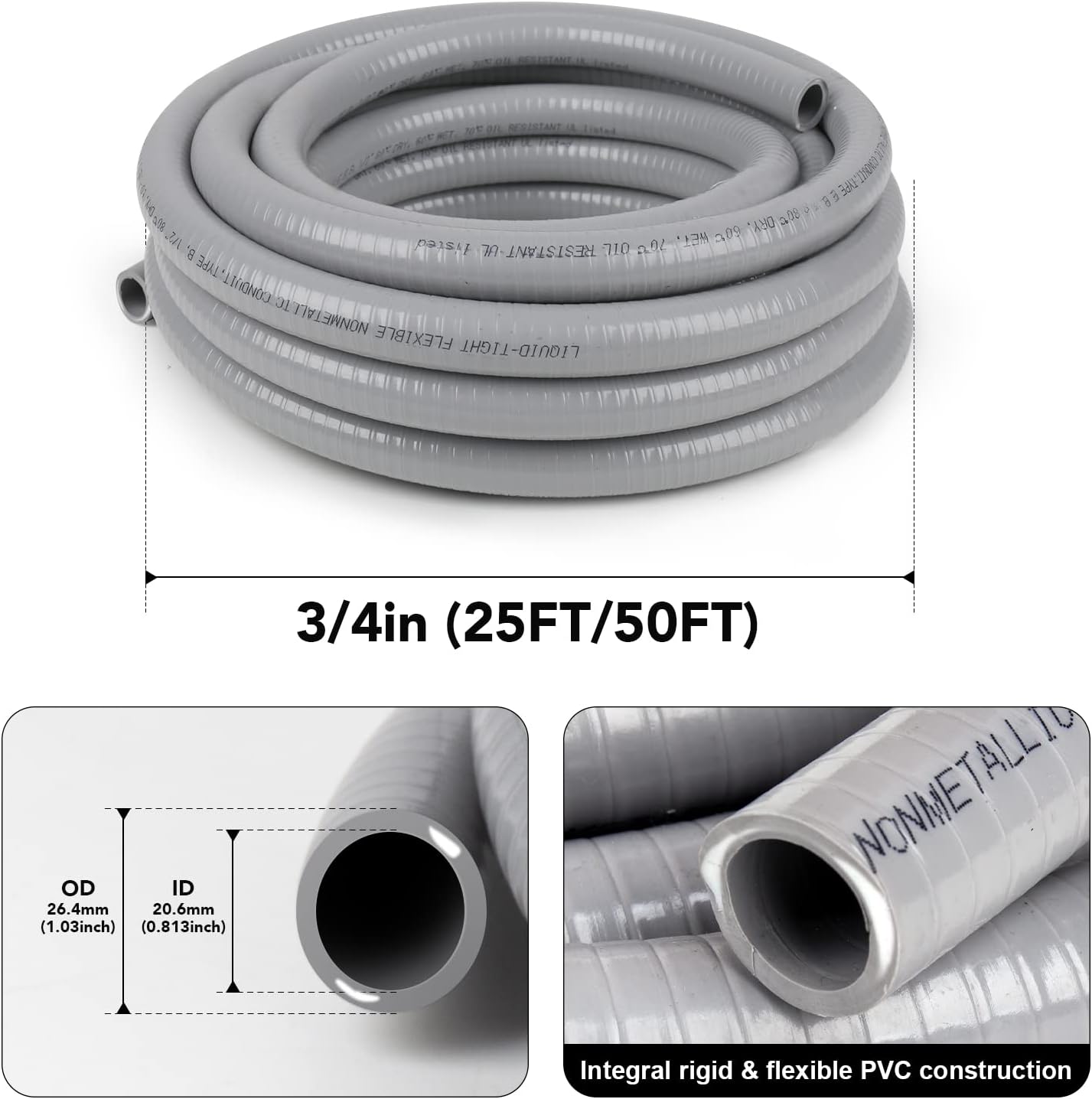 3/4inch 25ft Liquid-Tight Conduit and Connector Kit,Flexible Non Metallic Liquid Tight Electrical Conduit Kit with 5 Straight and 3 90-Degree Conduit Connector Fittings,3/4 in. Dia - Image 2