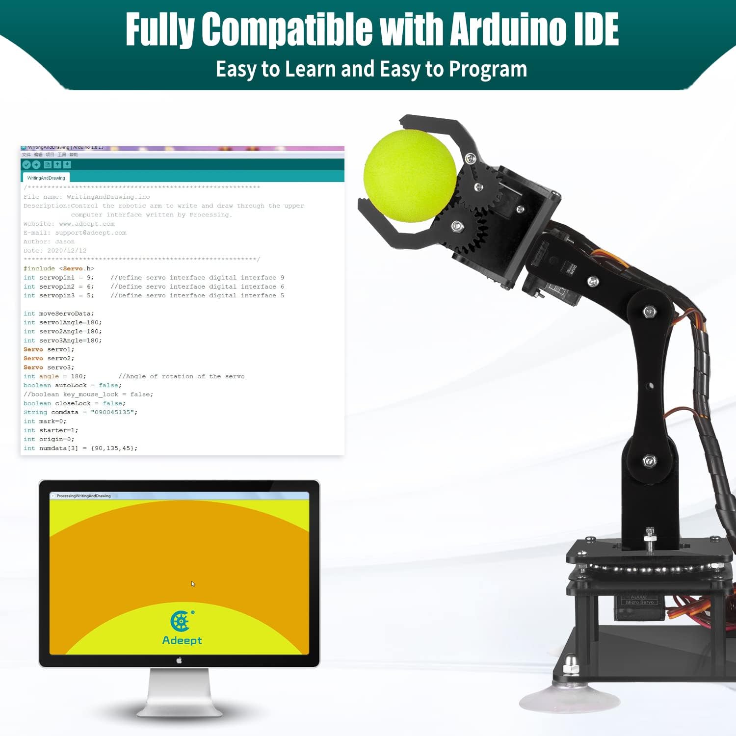 Adeept 5-DOF Robotic Arm Kit Compatible with Arduino IDE, Programmable DIY Coding STEM Educational 5 Axis Robot Arm with OLED Display Processing Code and Tutorials - Wooden - Image 5