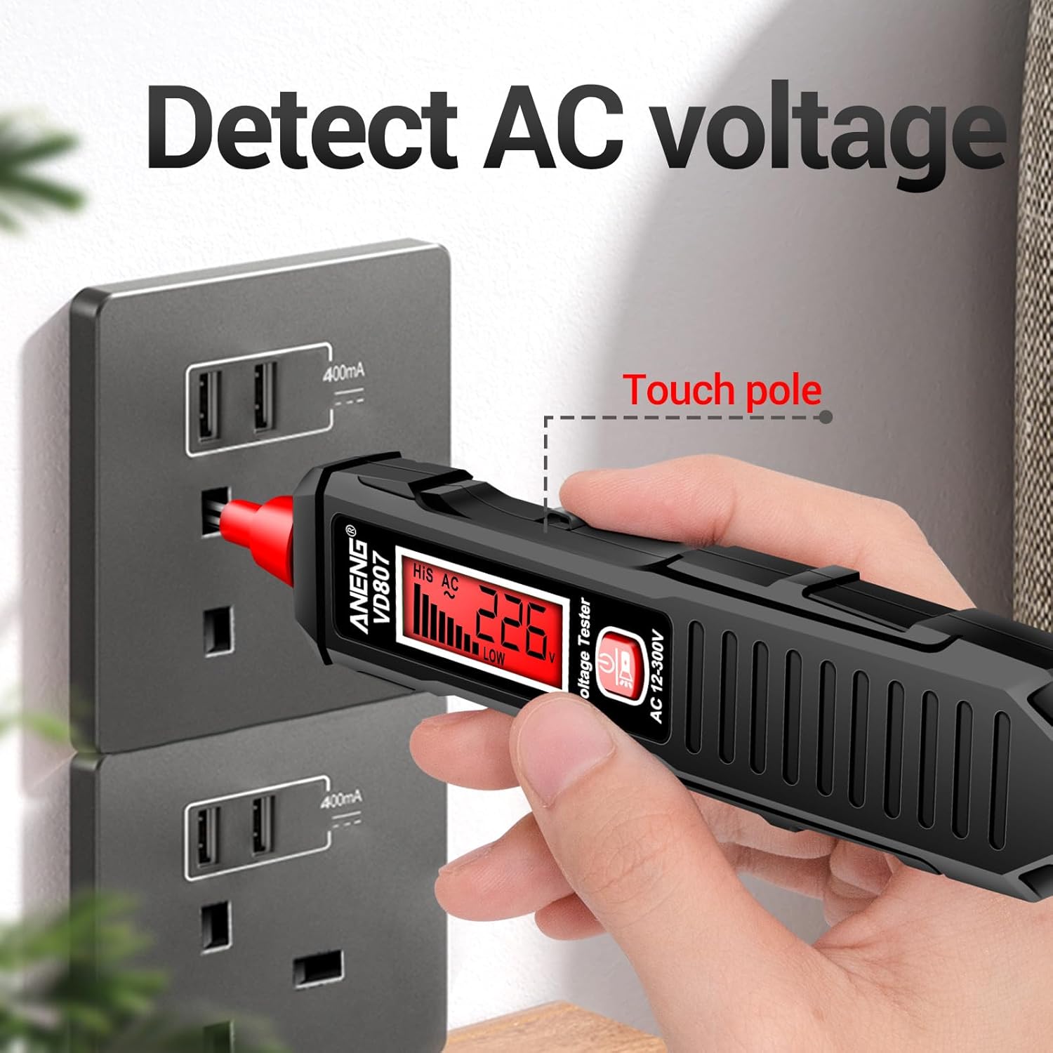 ANENG VD807 Non Contact Voltage Tester,Electrical Tester Pen, Range AC Voltage,Light Bulb Tester Tools with LCD Display,Flashlight,Pocket-Sized Pen Detector,Buzzer Alarm,Wire Breakpoint Finder,Black - Image 4