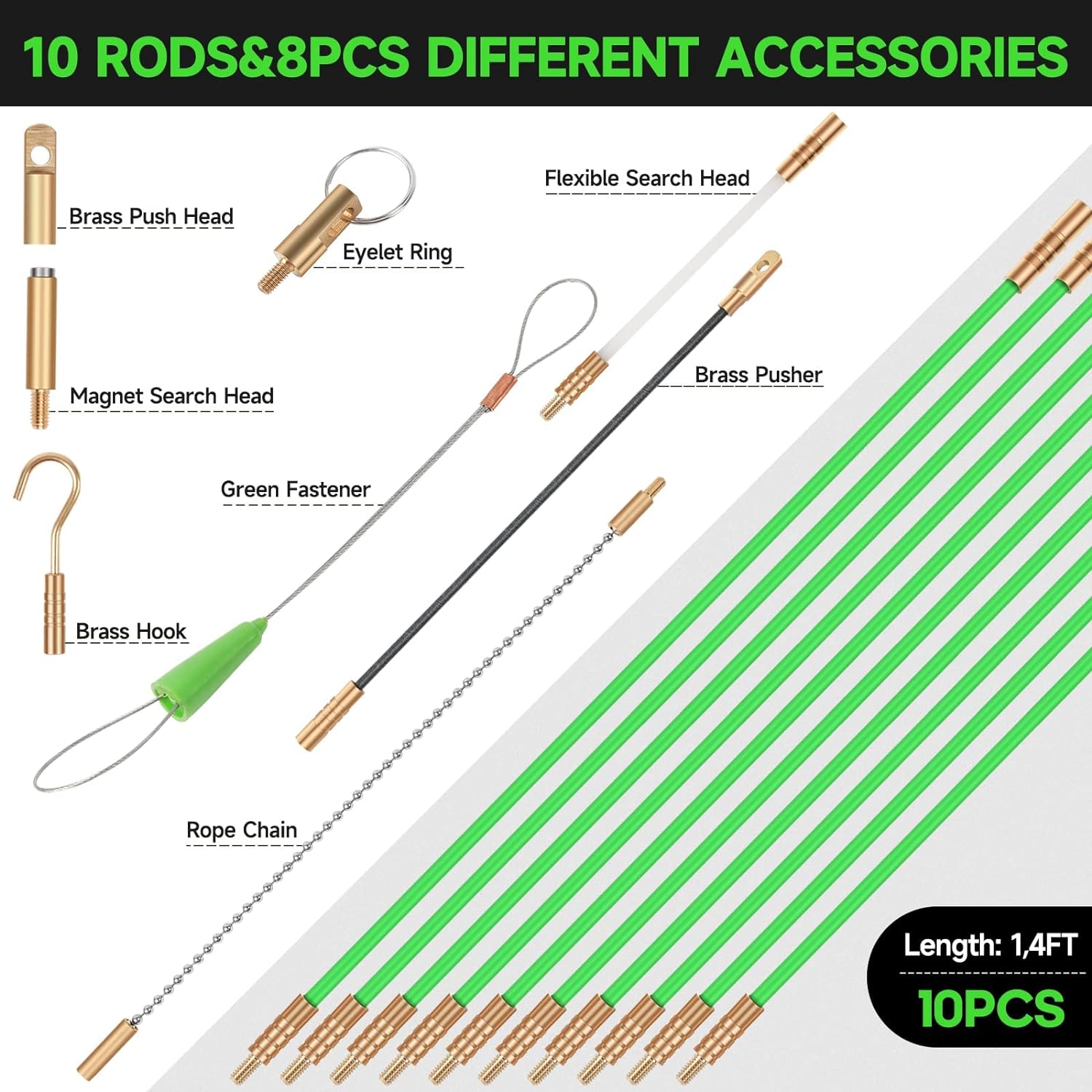 14FT Fiberglass Running Electrical Wire Cable Glow Rods Wire Pulling, Fish Rods Electrical Kit with 8 Different Attachments and Fish Tape Wire Puller Kit1 - Image 3