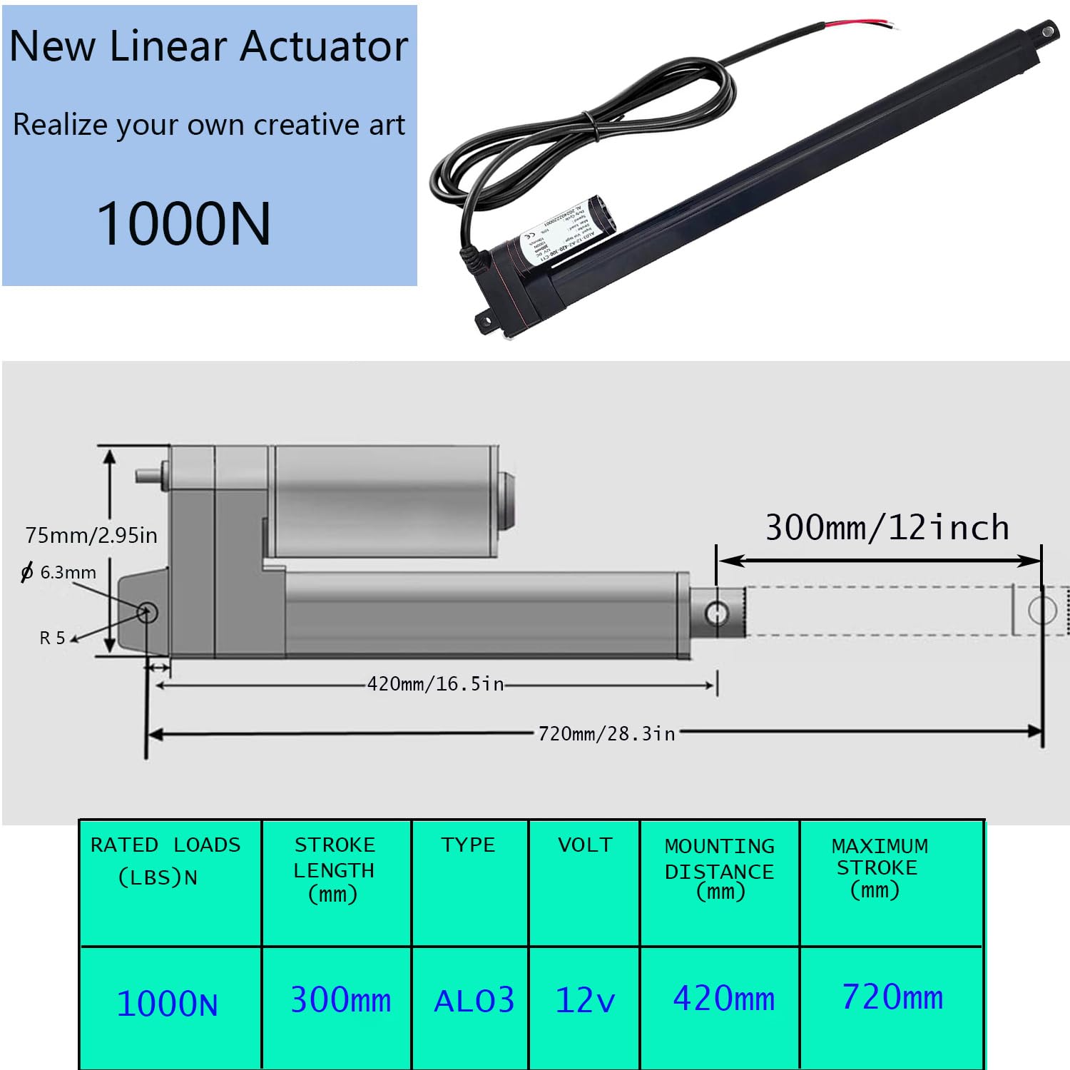 URANT 12 Inch Linear Actuator, 1000N High Speed 10mm/s Heavy Duty 12V Linear Actuator, Instantaneous Waterproof Switch with Mounting Bracket, for Automotive (300mm) - Image 2