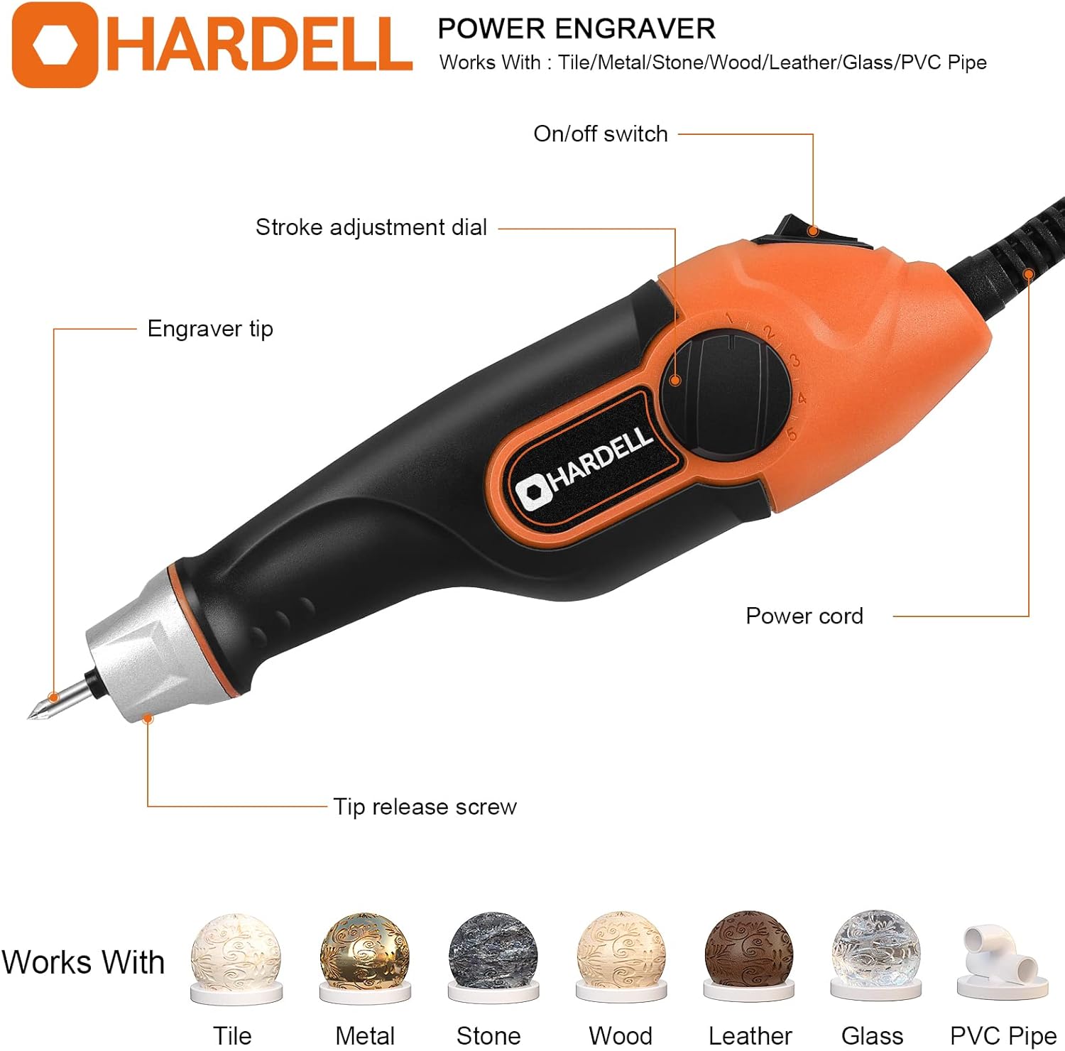 HARDELL 24W Engraver Pen, 5 Speed Engraving Tool with Letter/Number Stencil, Soft Handle Engraver Tool with Tungsten Carbide Steel Bits for Metal, Stone, Wood, Leather, Glass, PVC Pipe, DIY Crafts - Image 2