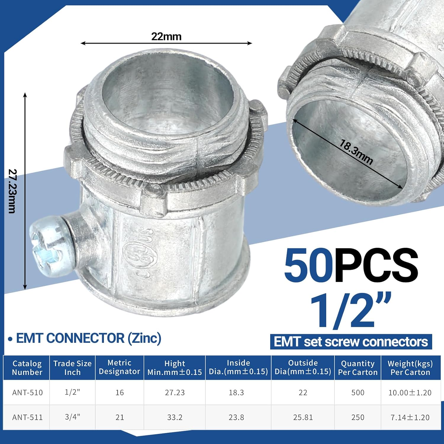 50 Pack EMT Set Screw Connector Uninsulated Metal Conduit Fittings for Electrical Metallic Tubing, Die Casting Zinc (1/2 Inch) - Image 2