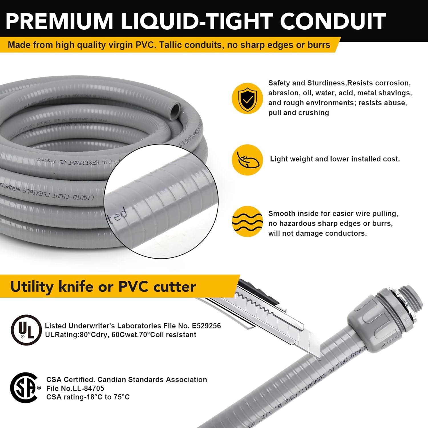 3/4inch 25ft Liquid-Tight Conduit and Connector Kit,Flexible Non Metallic Liquid Tight Electrical Conduit Kit with 5 Straight and 3 90-Degree Conduit Connector Fittings,3/4 in. Dia - Image 3