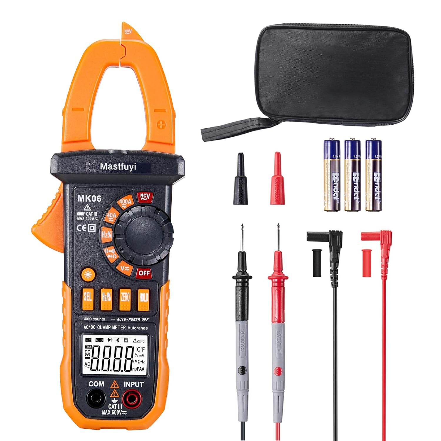 Clamp Meter Digital, AC/DC Current, Electrical Tester Digital, True RMS 4000 Counts, Auto-Ranging Measures AC/DC Voltage, Continuity, Frequency, Capacitance, Resistance, Duty-Cycle, Diodes