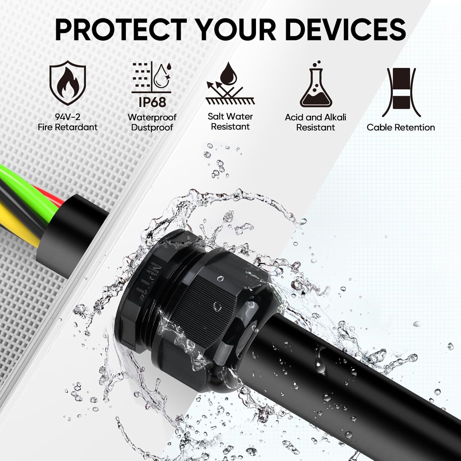 TICONN 20 Pcs IP68 Waterproof Cable Gland Kit Nylon NPT Adjustable Cable Connectors Assortment 1/4” 3/8” 1/2” 3/4” 1“ for Waterproof Junction Box Wire Pannel (Black, 20 Pcs) - Image 3