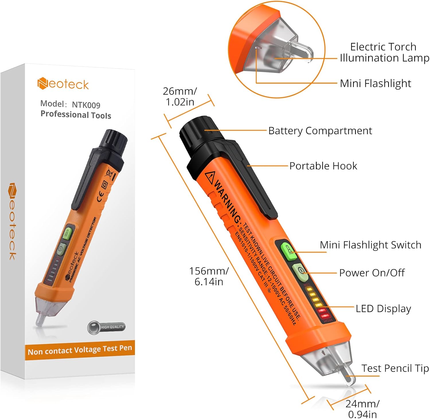 Neoteck Non-Contact AC Voltage Tester Pen, AC 12-1000V, LED Flashlight, Buzzer Alarm for Live/Null Wire Judgment - Image 7