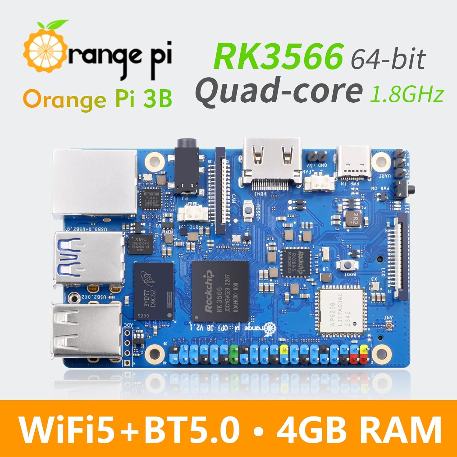 3B 4GB LPDDR4/4X Rockchip RK3566 Quad-Core 64-Bit Single Board Computer with eMMC Socket, WiFi 5 and Bluetooth Support, Development Board Run Android/Ubuntu/Debian(Pi 3B 4GB) - Image 2