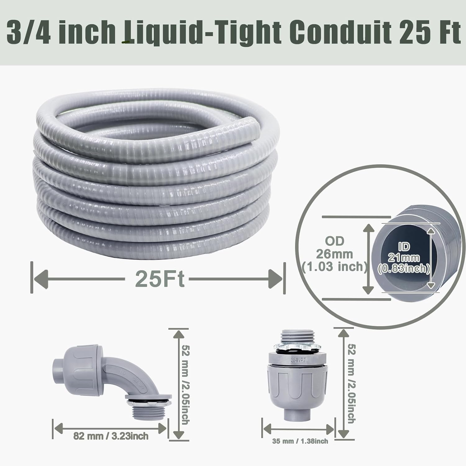 Liquid-Tight Conduit and Connector Kit - 3/4 Inch 25 FT Non Metallic Liquid Tight Electrical Conduit with 5 Straight and 5 Angle Fittings - Image 2