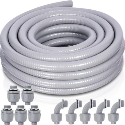 Liquid-Tight Conduit and Connector Kit - 3/4 Inch 25 FT Non Metallic Liquid Tight Electrical Conduit with 5 Straight and 5 Angle Fittings