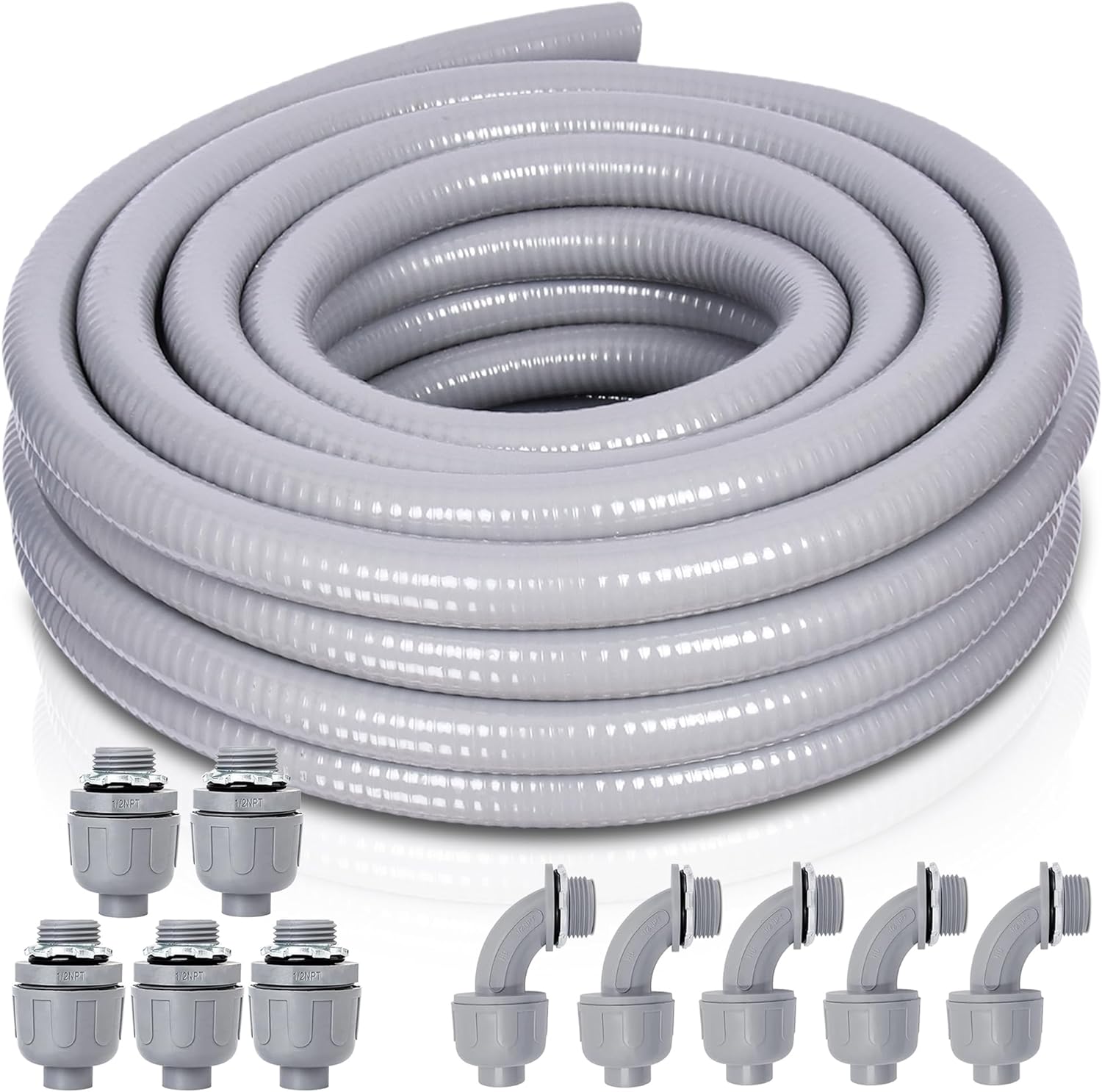 Liquid-Tight Conduit and Connector Kit - 3/4 Inch 25 FT Non Metallic Liquid Tight Electrical Conduit with 5 Straight and 5 Angle Fittings