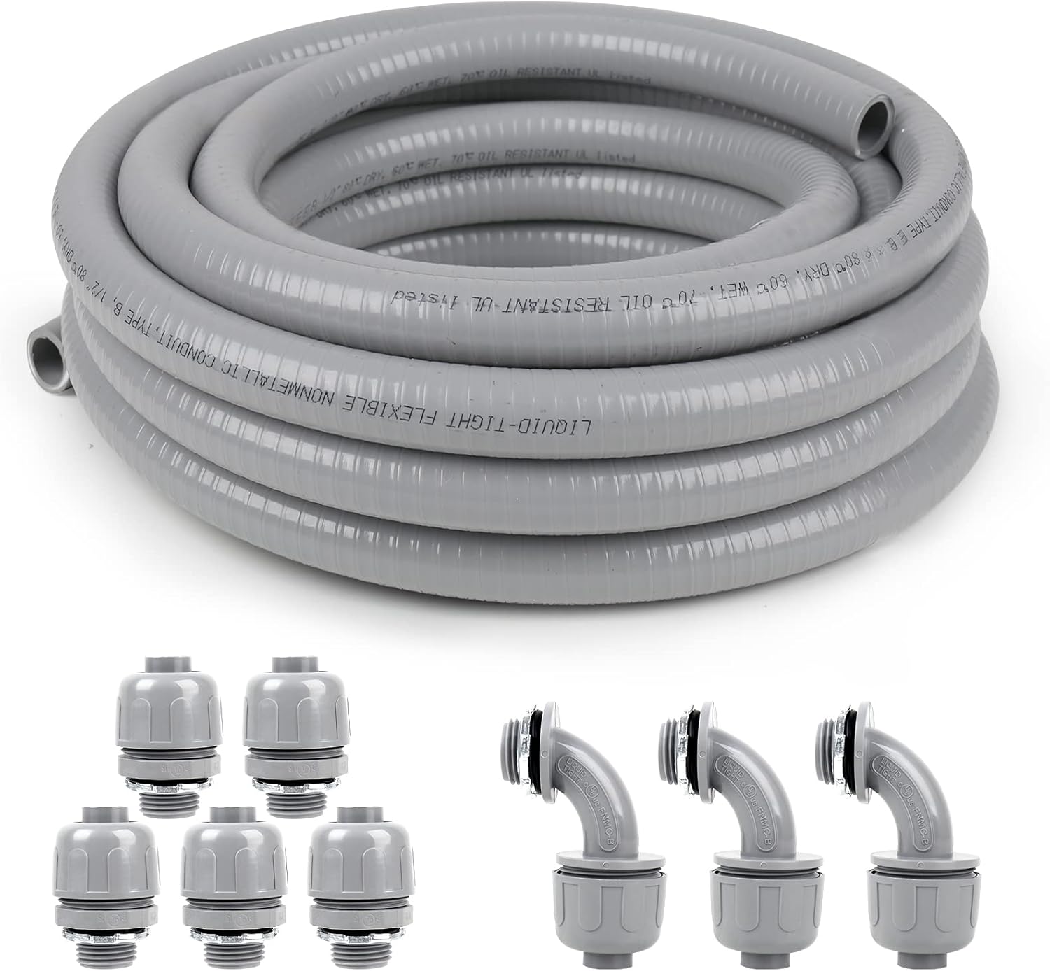3/4inch 25ft Liquid-Tight Conduit and Connector Kit,Flexible Non Metallic Liquid Tight Electrical Conduit Kit with 5 Straight and 3 90-Degree Conduit Connector Fittings,3/4 in. Dia