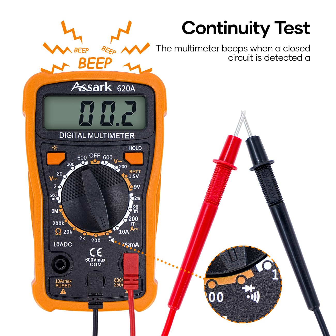 Digital Multimeter Voltage Tester, Assark 2000 Counts Multimeter Measure AC DC Voltage DC Current, Meter Tester Test Volt Ohm Amp Diode Continuity,Resistance,Backlit LCD Display,Data Hold Function - Image 4