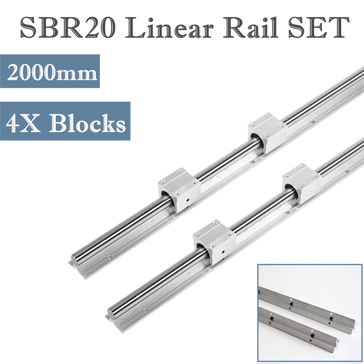 2Pcs SBR16-2000mm Linear Rail Guide + 4Pcs SBR16UU Square Type Slide Bearing Block, 16mm Linear Rail overall Length 78.7 inch/2000mm for Fully Supported Linear Rail - Image 2