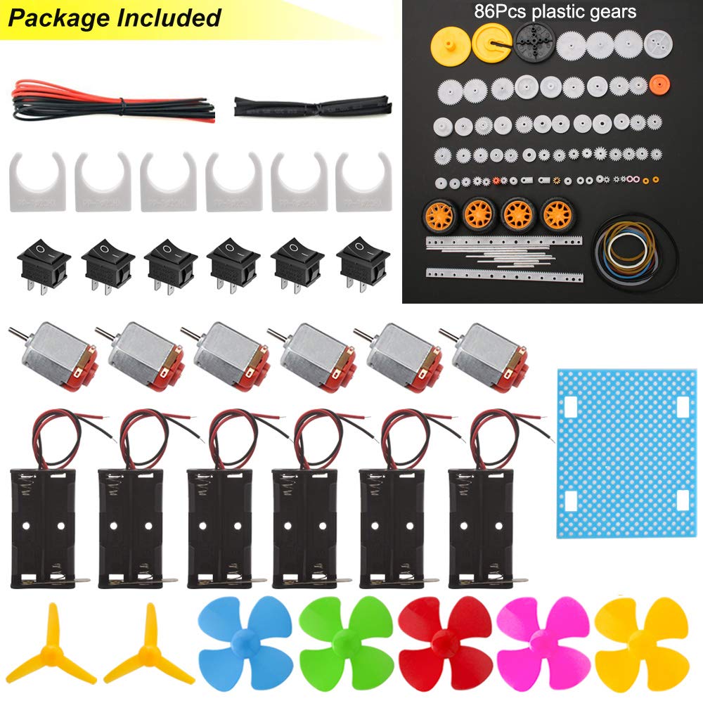 6 Set DC Motor Kit, Rectangular Electric 1.5-3V 24000RPM Mini Motor with 86 Pcs Plastic Gears, 2 x AA Battery Holder, Bracket, Rocker Switch, Shaft Propeller, Wheels for DIY Science Projects - Image 7