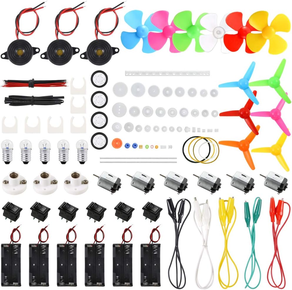 Sntieecr 6 Set 131 PCS DC Motors Kit, Mini Electric Motor 1.5-3V 15000RPM with 66 PCS Plastic Gears, Shaft Propeller, Bulbs, Buzzer Sounder, Science Experiment Set for Kid DIY STEM Engineering Project