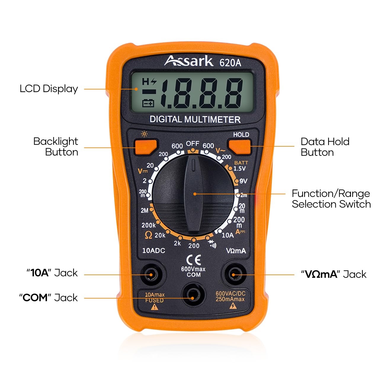 Digital Multimeter Voltage Tester, Assark 2000 Counts Multimeter Measure AC DC Voltage DC Current, Meter Tester Test Volt Ohm Amp Diode Continuity,Resistance,Backlit LCD Display,Data Hold Function - Image 8