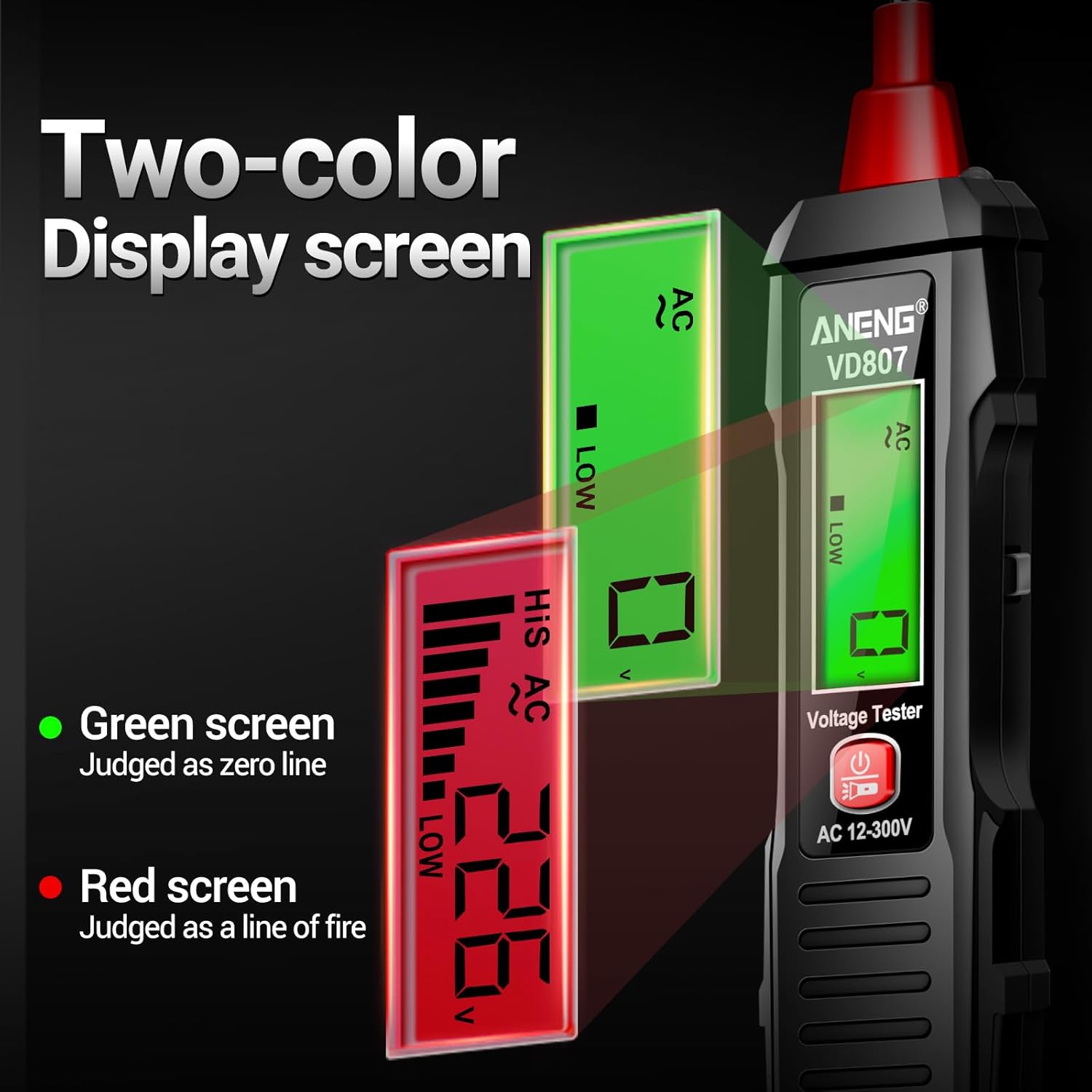 ANENG VD807 Non Contact Voltage Tester,Electrical Tester Pen, Range AC Voltage,Light Bulb Tester Tools with LCD Display,Flashlight,Pocket-Sized Pen Detector,Buzzer Alarm,Wire Breakpoint Finder,Black - Image 2