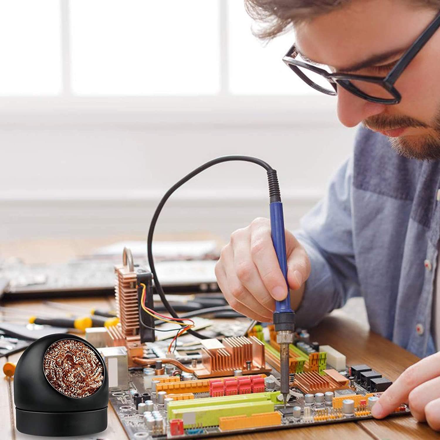 Soldering Iron Tip Cleaner Non-slip Solder Tip Cleaning Wire Ball & Base Holder Soft Coiled Brass Tip Cleaner Kit - Image 2