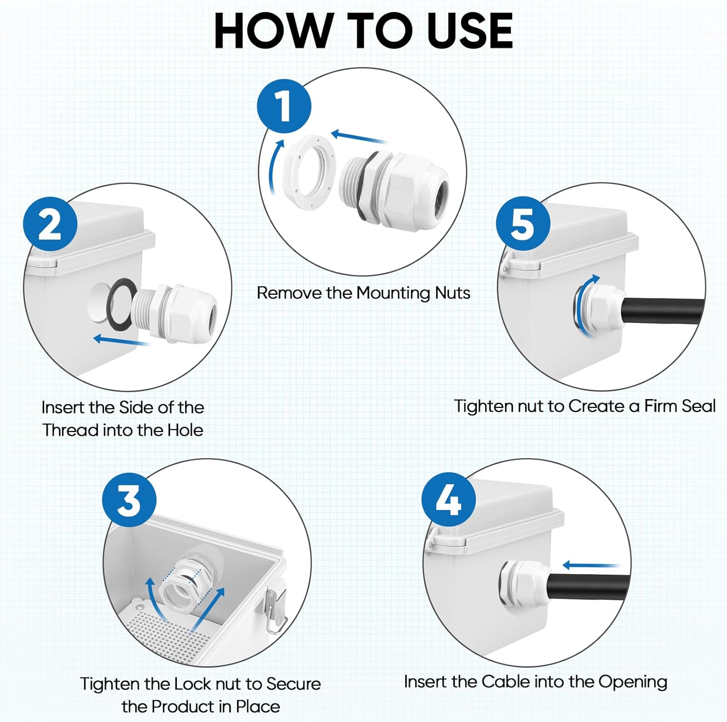 TICONN 20 Pcs IP68 Waterproof Cable Gland Kit Nylon NPT Adjustable Cable Connectors Assortment 1/4” 3/8” 1/2” 3/4” 1“ for Waterproof Junction Box Wire Pannel (Black, 20 Pcs) - Image 6