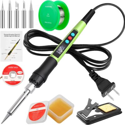 Soldering Iron Kit, 100W LED Digital Solder Iron Soldering Gun kit with Ceramic Heater, Adjustable Temperature Soldering Kit with Tips, Solder Wick Braid, Stand, Solder Wire, Sponge, Flux Paste