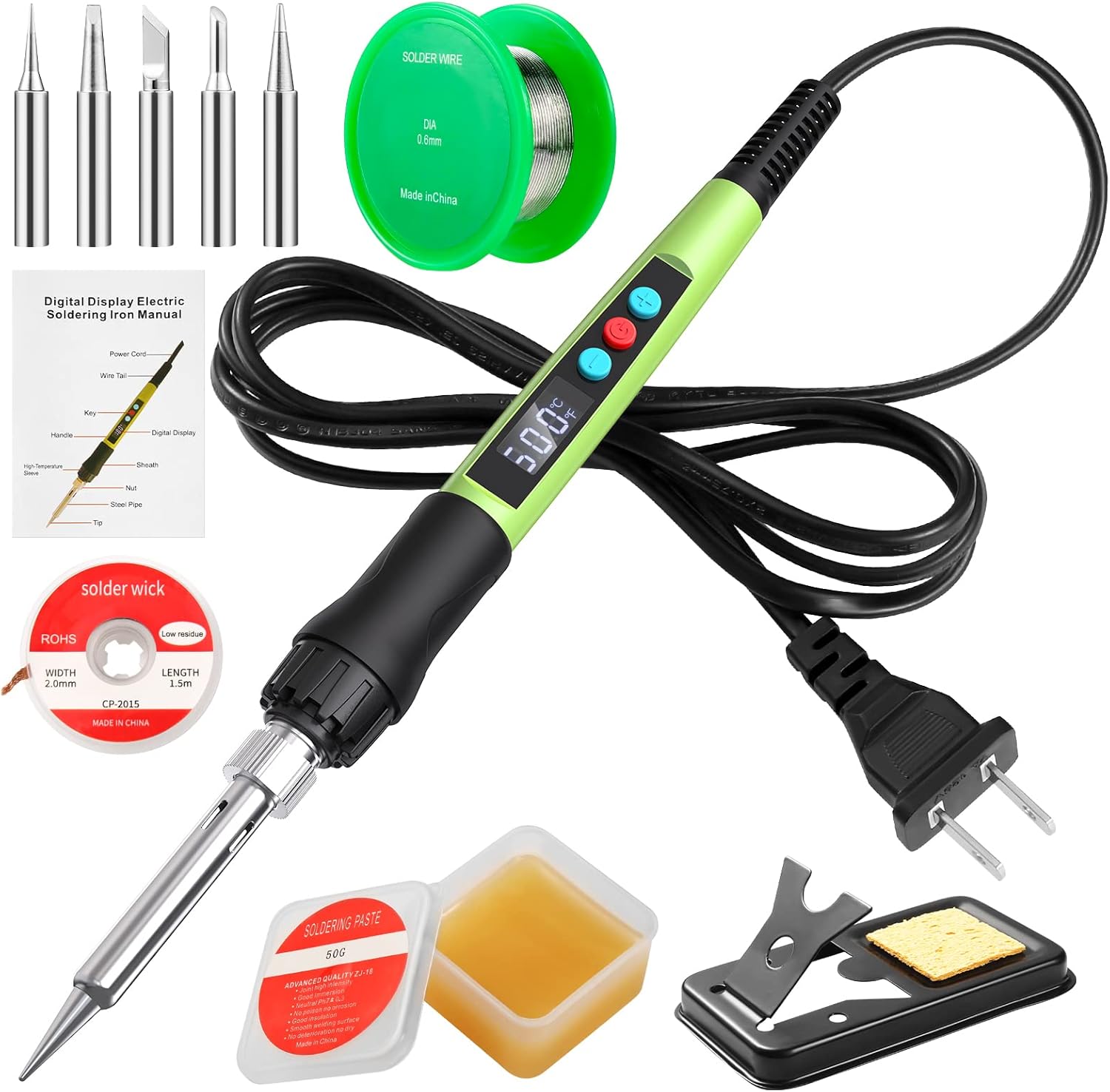 Soldering Iron Kit, 100W LED Digital Solder Iron Soldering Gun kit with Ceramic Heater, Adjustable Temperature Soldering Kit with Tips, Solder Wick Braid, Stand, Solder Wire, Sponge, Flux Paste