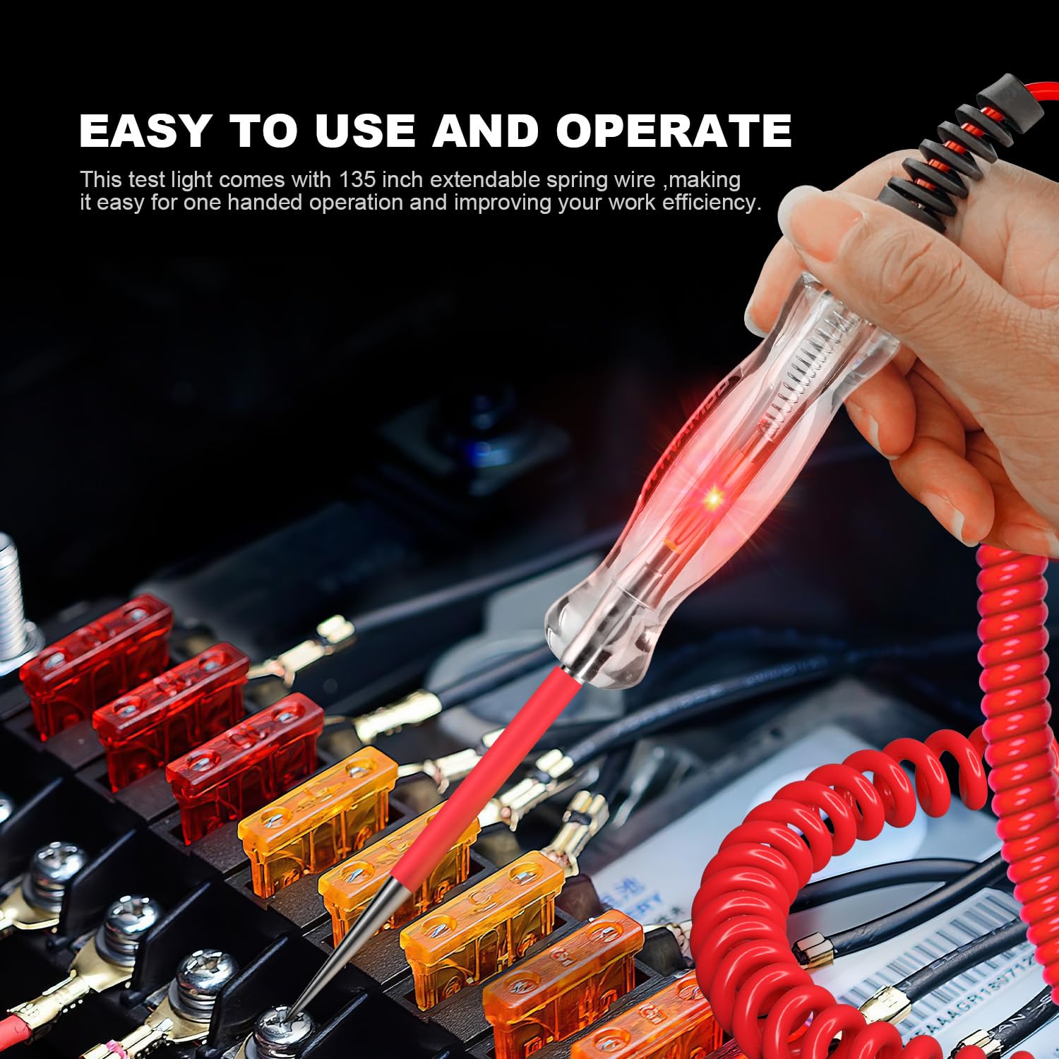 Premium LED Bulb Automotive Circuit Tester, 6-24V Test Light with 135 Inch PU Extended Spring Wire, Sharp Hard Steel Probe Vehicle Circuits Low DC Voltage Light Tester - Image 5