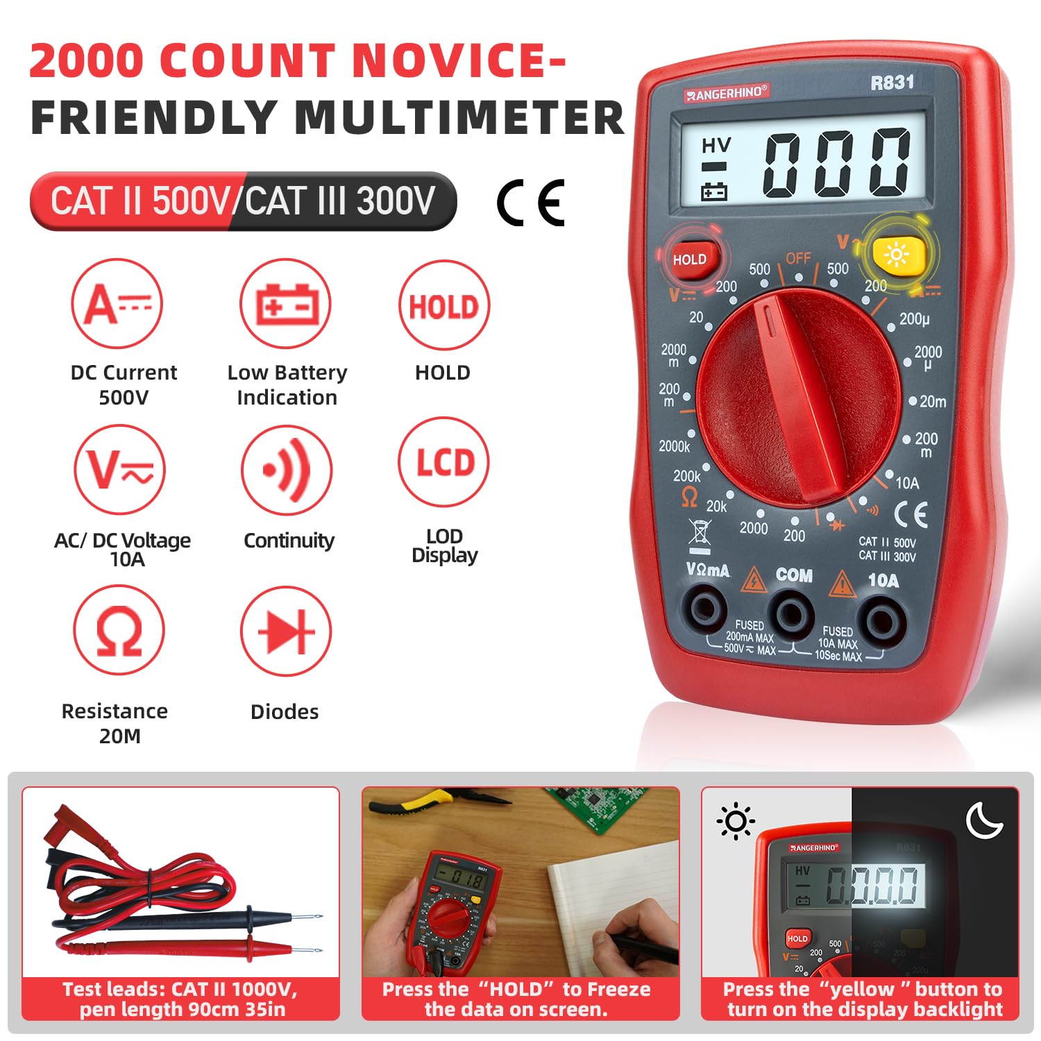 Electrical Test Kit with RANGERHINO Digital Multimeter Tester & Dual Range Non-Contact Voltage Tester Flashlight & Outlet Tester GFCI Test Diode Resistance Continuity Tester Wire Breakpoint Finder - Image 3