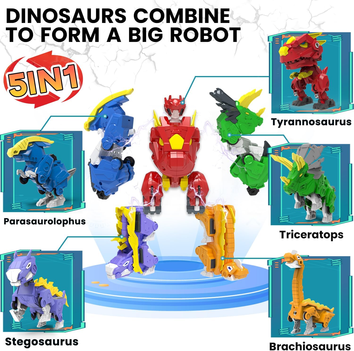 Robot Dinosaur Toys 5 in 1 Combined Large Robot Toys Take Apart Toys Including 5 Dinosaur Action Figures -Triceratops Deformation Toys for Kids 6-12(8“) - Image 2